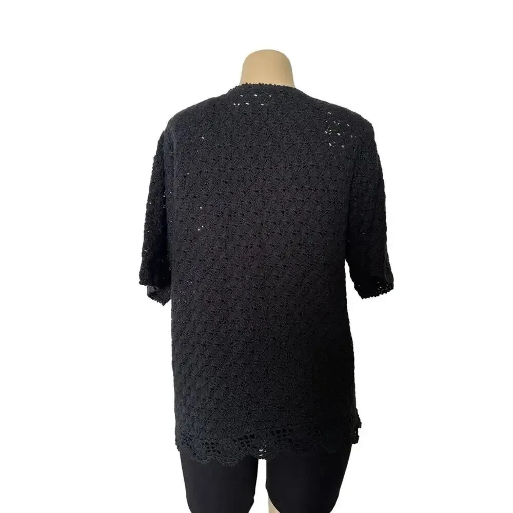 Vintage AGW Division of Graff Black Open Knit Cardigan XL Floral Embroidered - Picture 2 of 11
